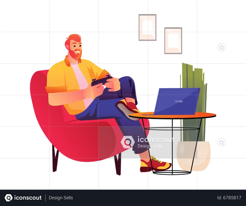 Man playing game on laptop  Illustration