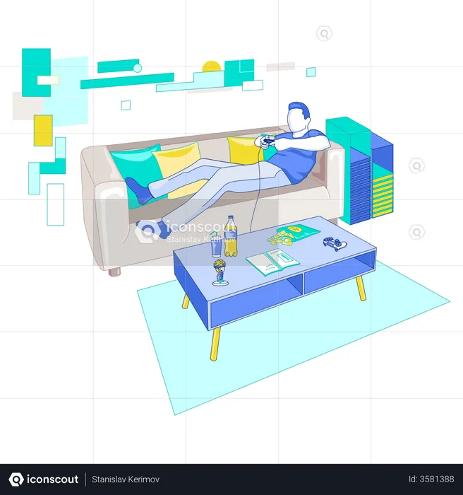 Man playing game while sleeping on couch  Illustration