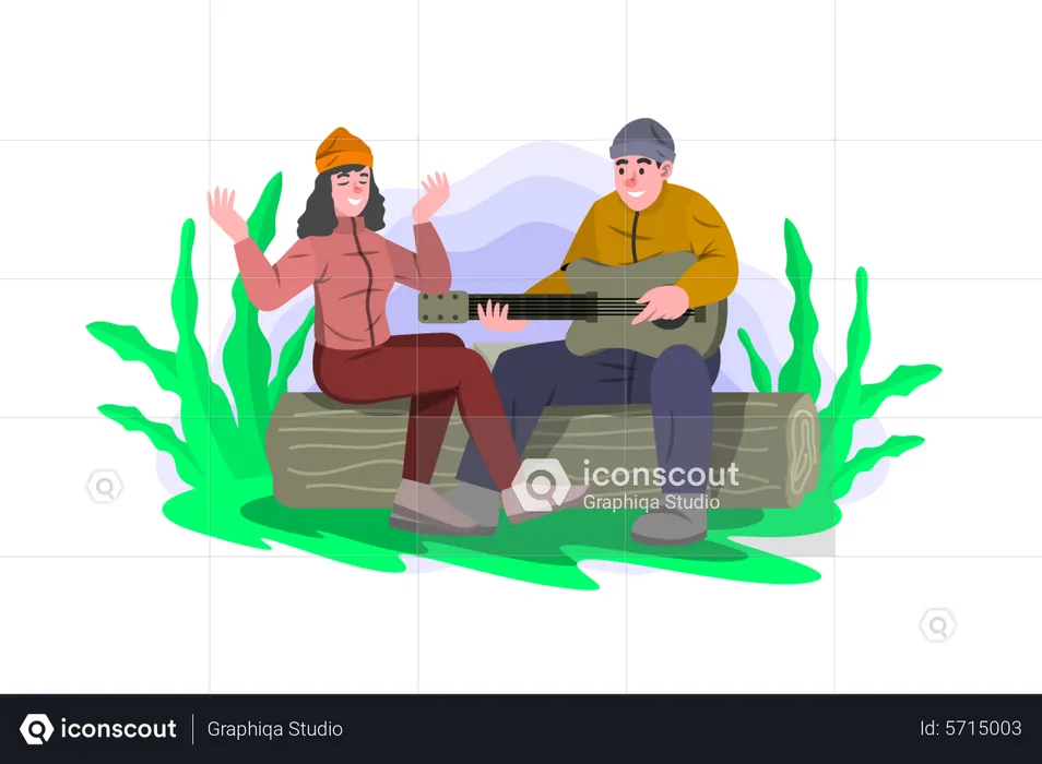 Man playing guitar at camp  Illustration