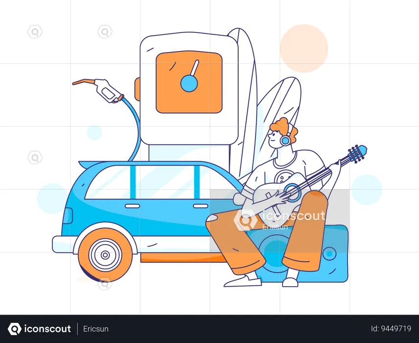 Man Playing guitar at fuel station  Illustration