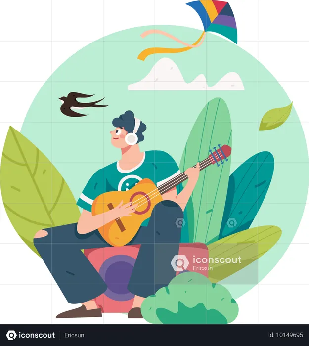 Man playing guitar in park  Illustration