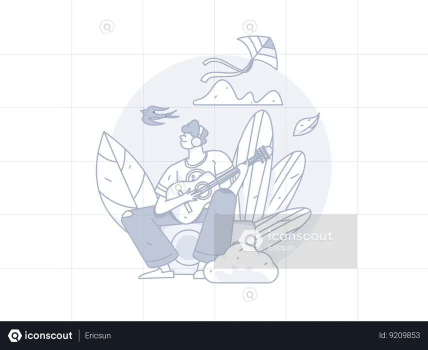 Man playing guitar in park  Illustration