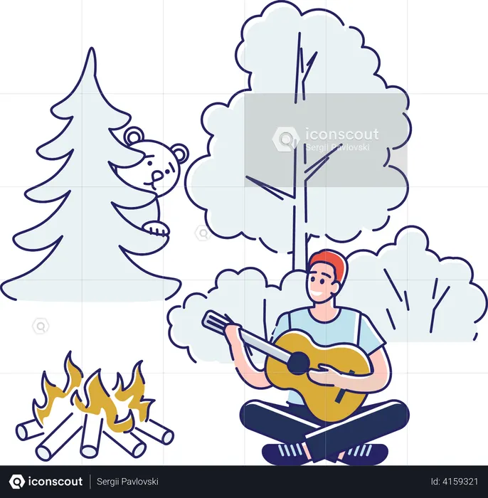 Man playing guitar while camping in the forest  Illustration
