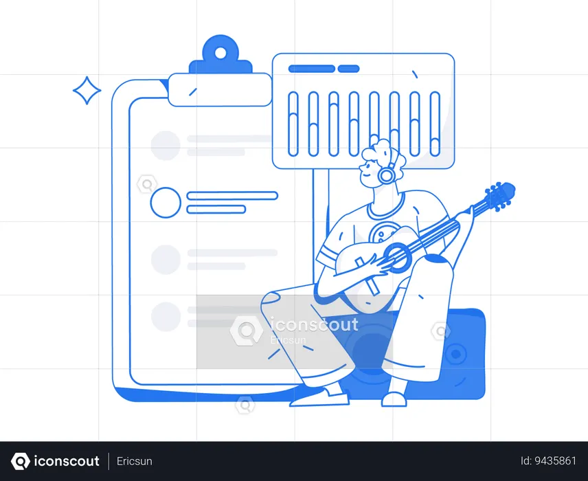 Man playing guitar while looking business analytic report  Illustration
