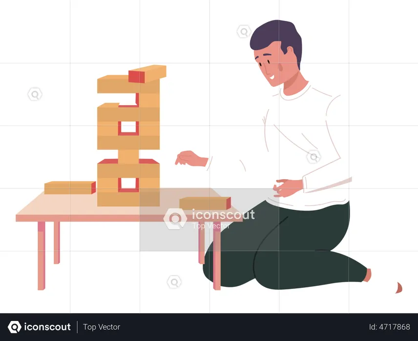 Man playing jenga game at home  Illustration