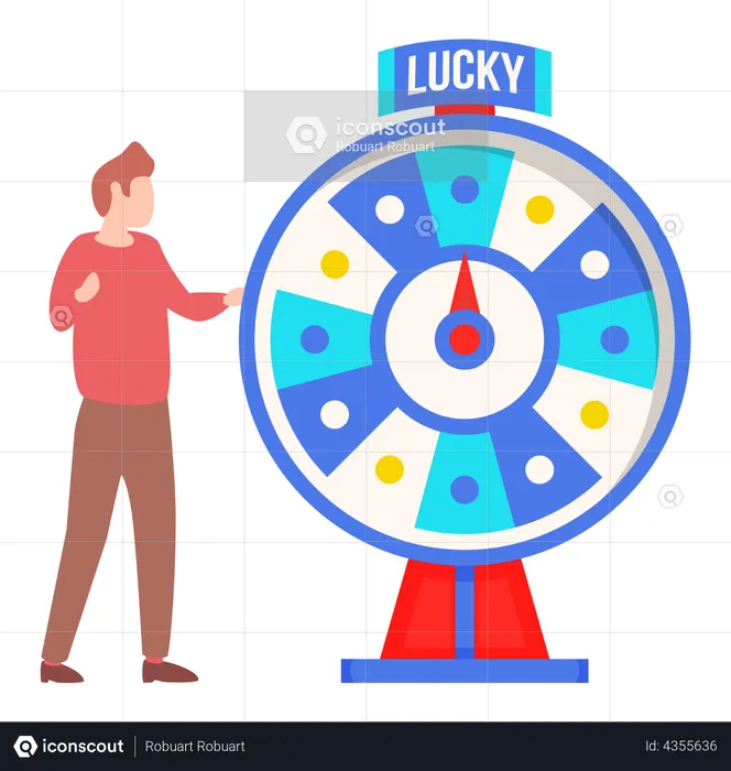 Man playing risk game with fortune wheel  Illustration