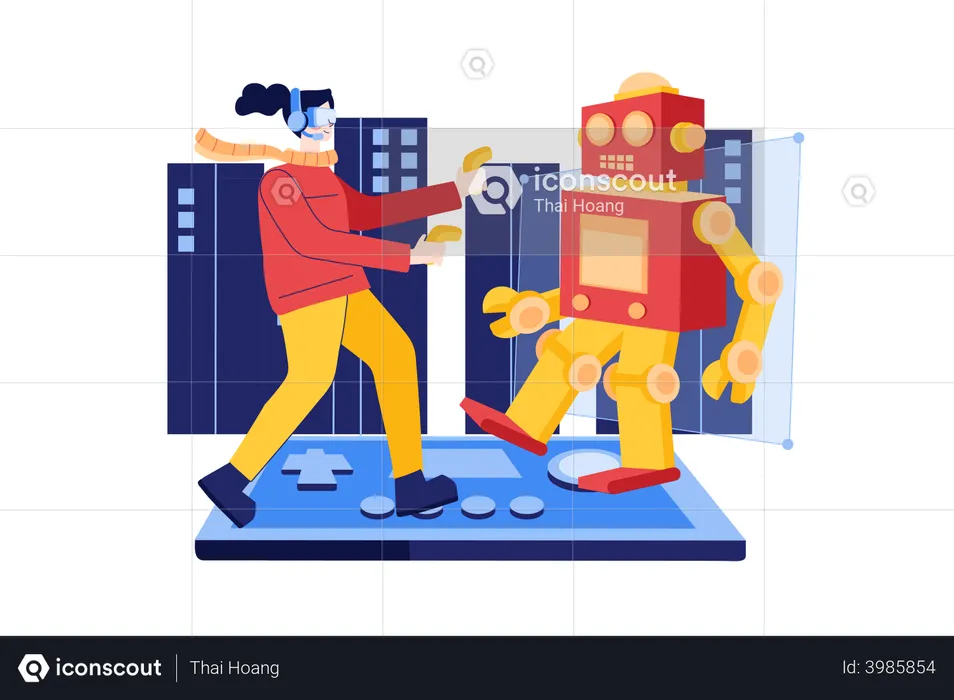 Man playing robotics game in metaverse  Illustration