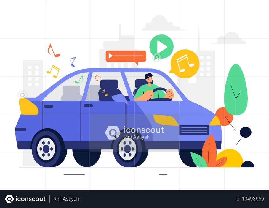 Man playing song inside car  Illustration