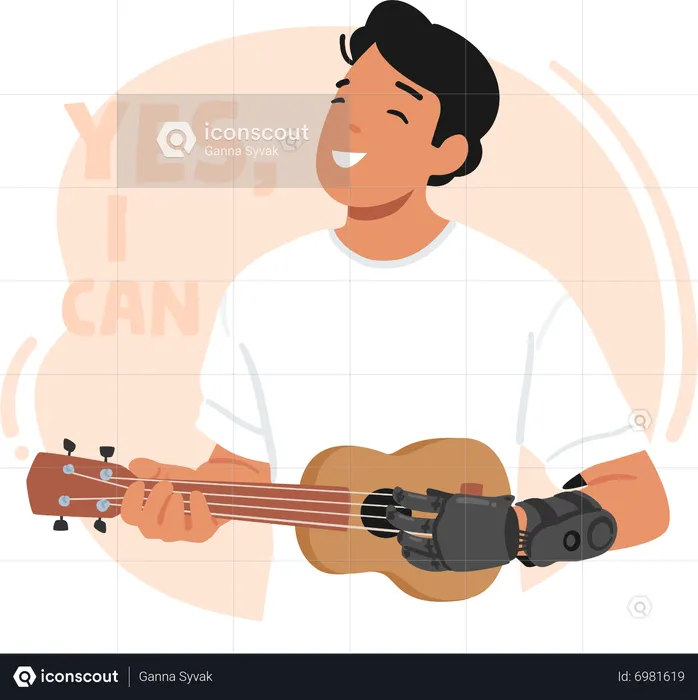 Man playing ukulele with a prosthetic arm  Illustration