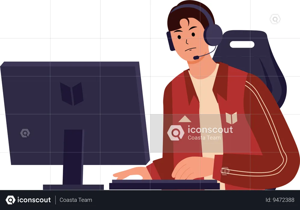 Man playing video game on computer  Illustration