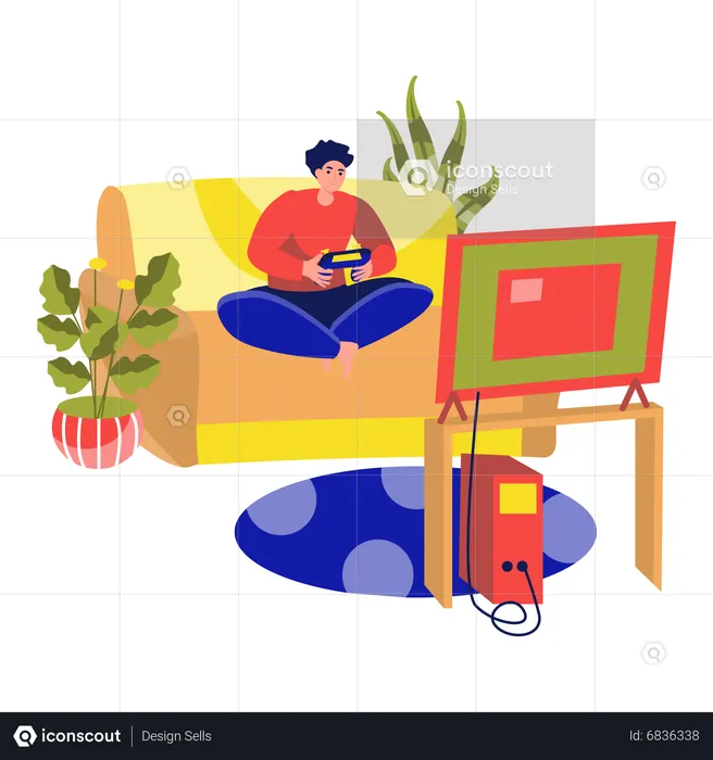 Man playing video games on console while sitting on sofa  Illustration