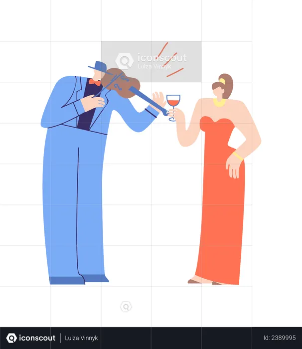 Man Playing Violin and Woman holding Drink  Illustration