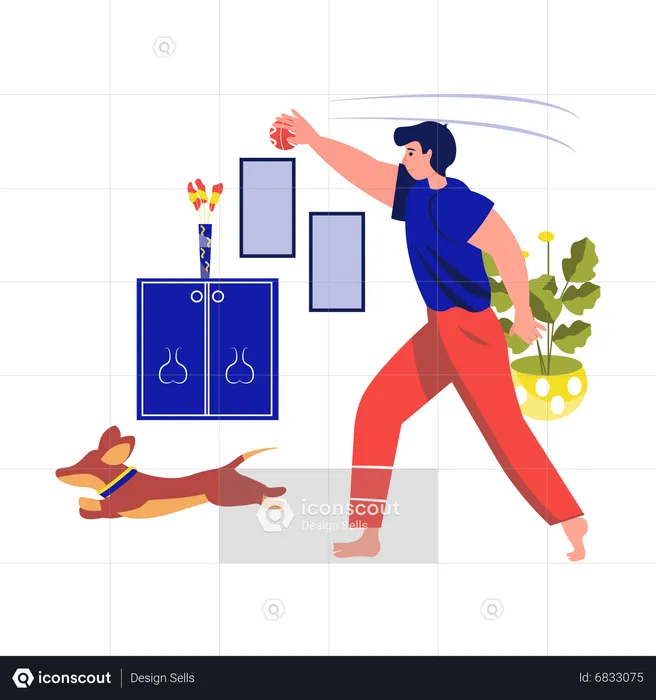 Man playing with a dog in house  Illustration