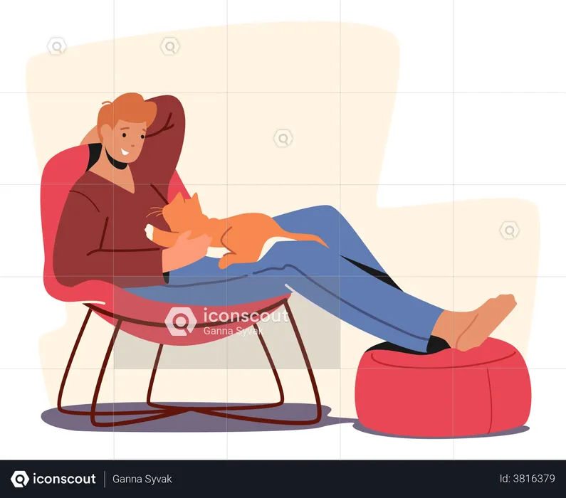 Man Playing With Cat In Leisure Time  Illustration