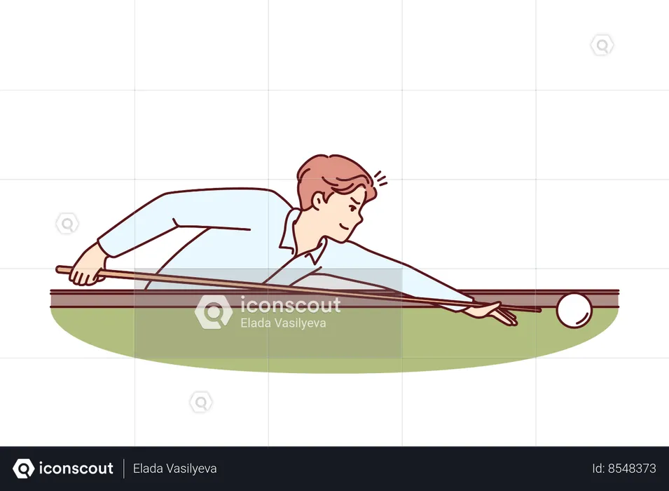 Man plays billiards leaning over table with cue in hands and taking aim  Illustration