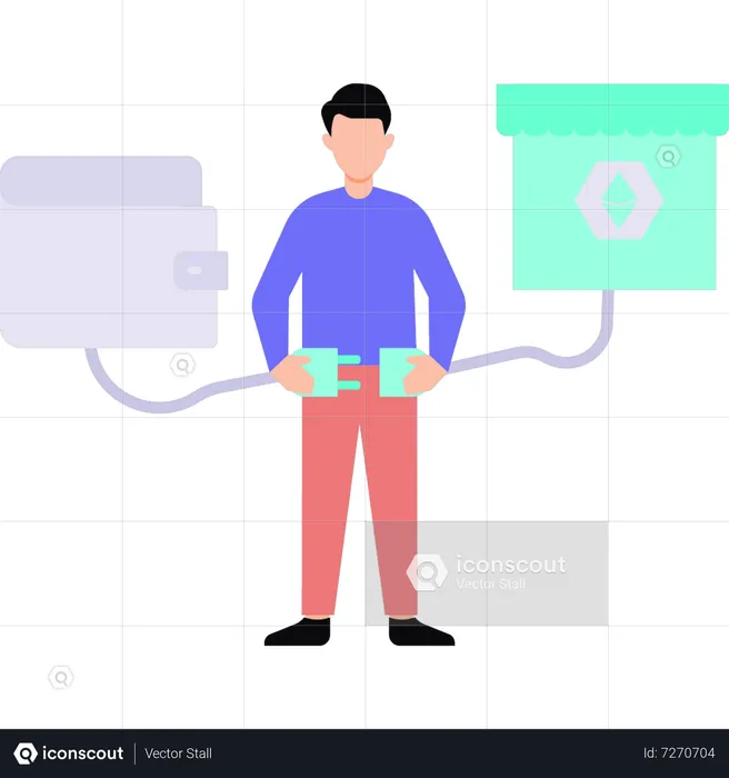 Man plugged in wallet and cryptoshop  Illustration