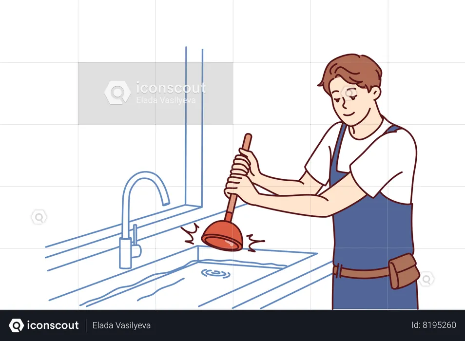 Man plumber is dressed in overalls uses plunger to clear blockage in sink in kitchen or bathroom  Illustration
