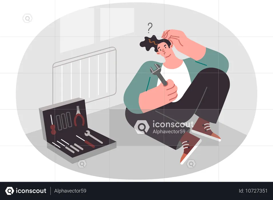 Man plumber sits near radiator and scratches head  Illustration