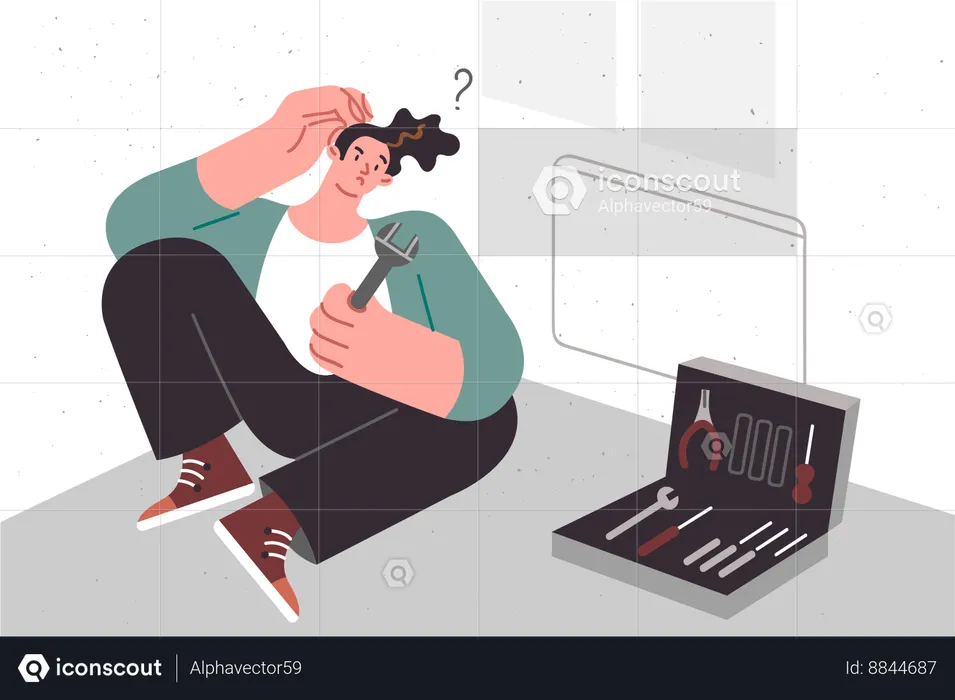 Man plumber sits near radiator and scratches head not knowing how to solve problem  Illustration