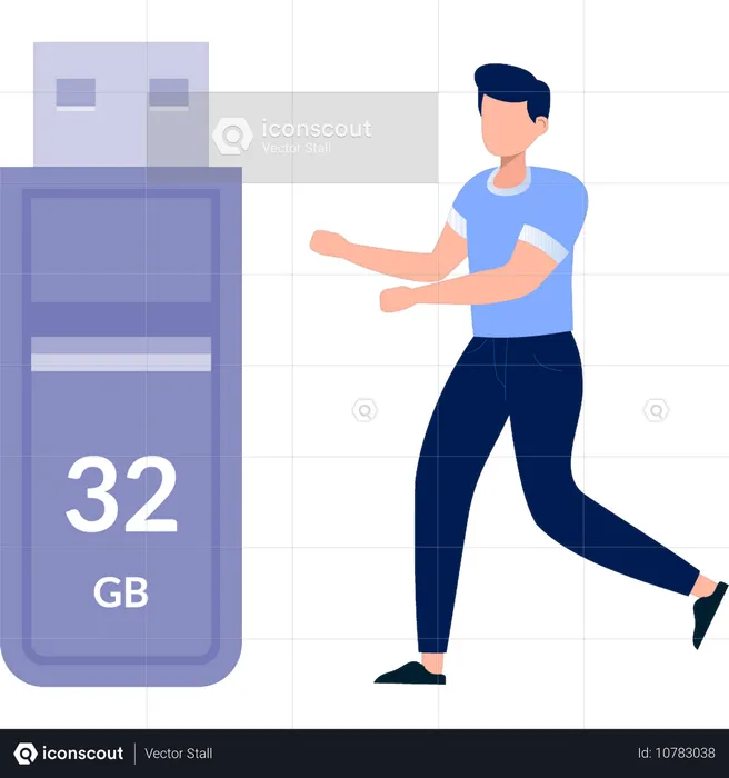 Man pointing at 32GB USB  Illustration