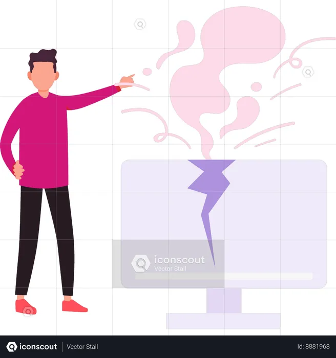 Man Pointing At Broken Monitor  Illustration