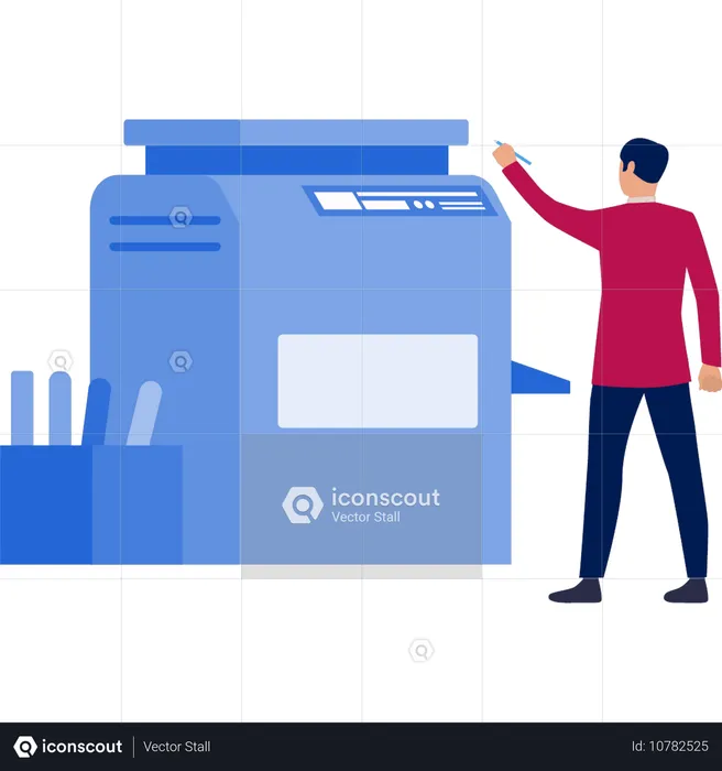 Man pointing at photocopies machine  Illustration