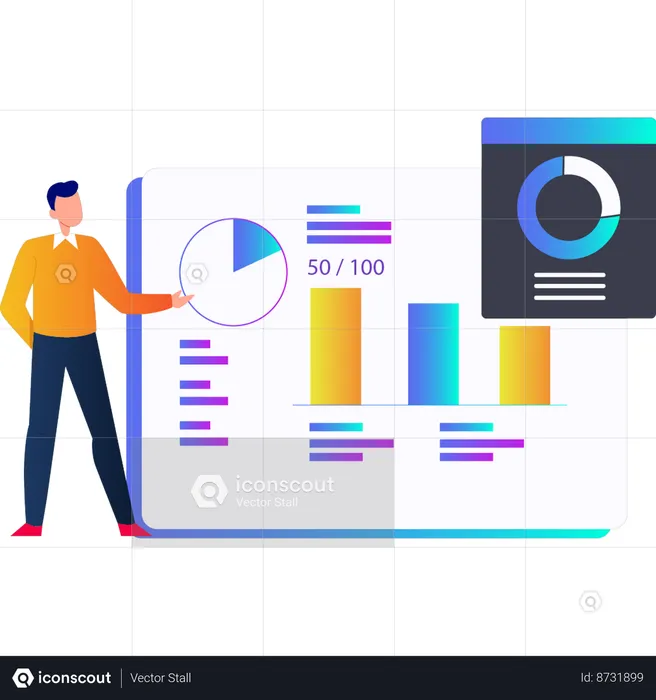 Man pointing at pie graph on screen  Illustration