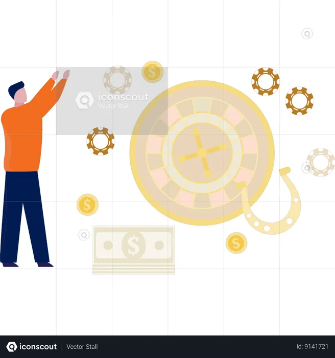Man pointing at roulette wheel  Illustration