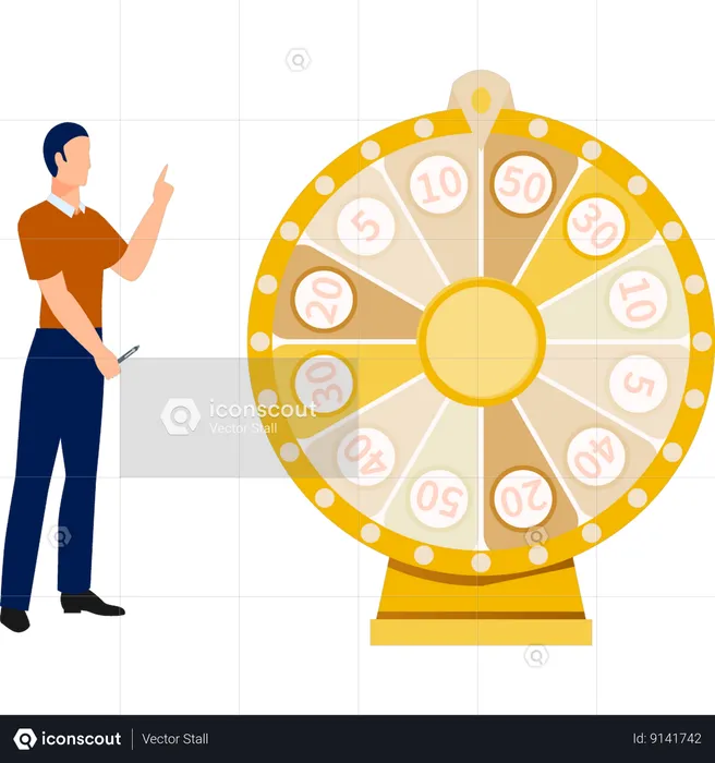 Man pointing at roulette wheel in casino  Illustration