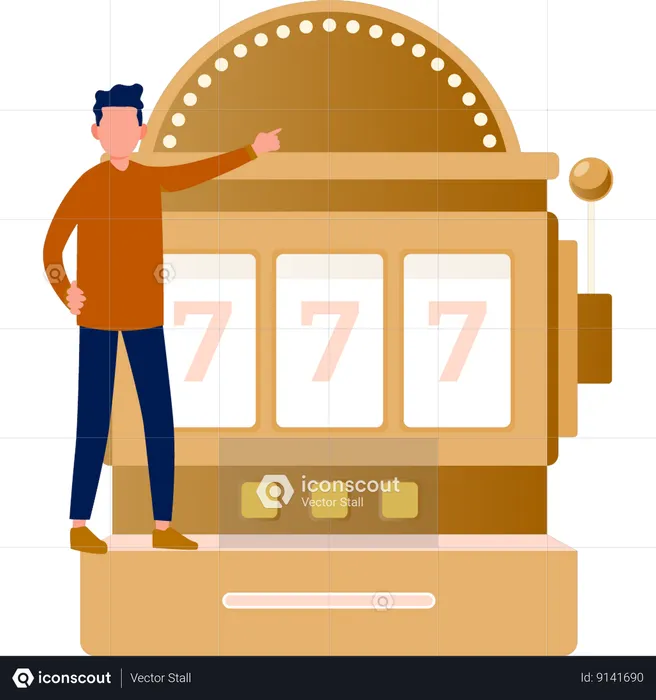 Man pointing at slot machine.  Illustration