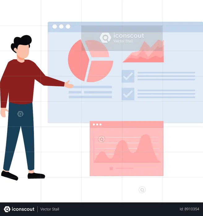 Man Pointing To Business Pie Graph On Web Page  Illustration