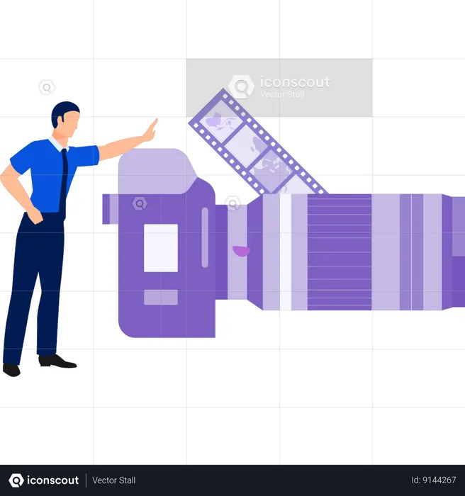 Man pointing to  camera reel  Illustration