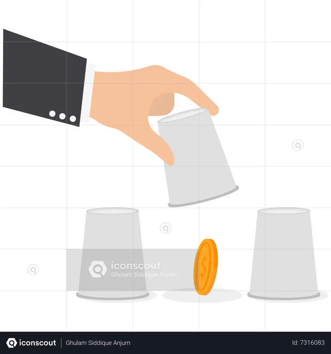 Man pointing to cup to reveal money coin  Illustration