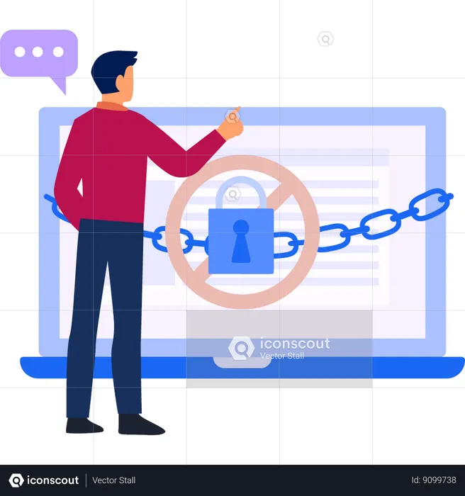 Man pointing to locked laptop  Illustration