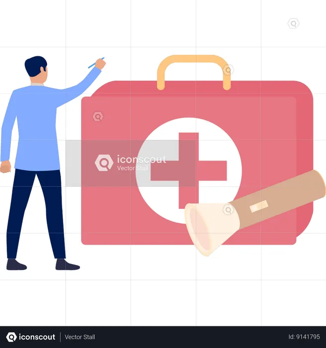 Man Pointing To Medical Aid Box  Illustration