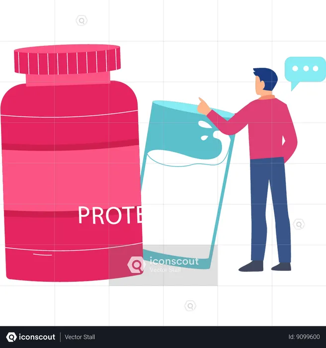 Man pointing to protein jar  Illustration