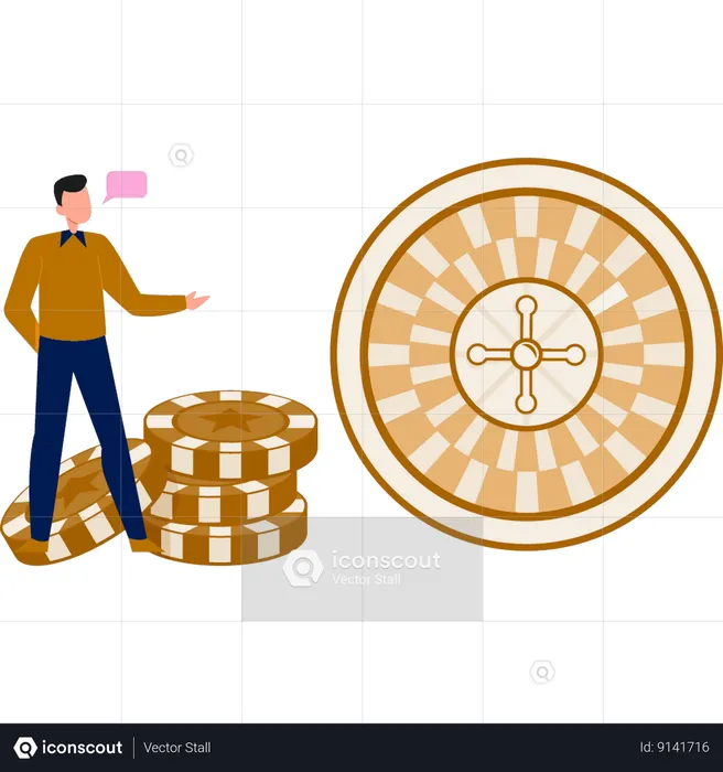 Man pointing to roulette wheel  Illustration