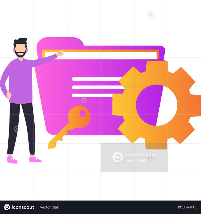 Man pointing to the protection of folder settings  Illustration