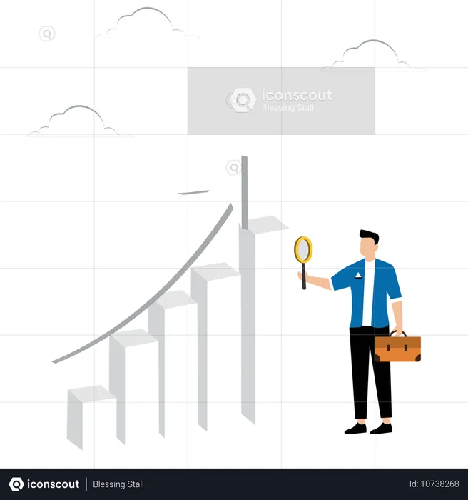 Man Points With Magnifying Glass At Graph  Illustration