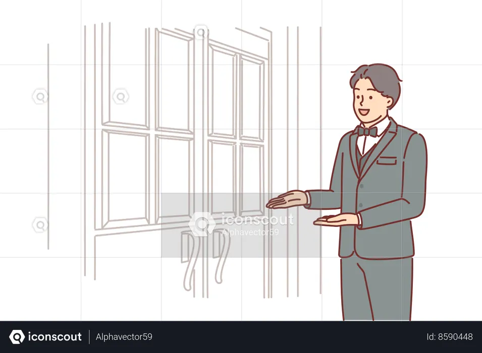 Man porter stands at door of restaurant welcoming guests  Illustration