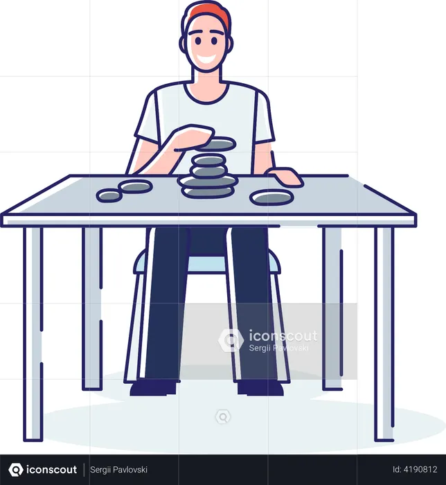Man practicing self control while building pyramid of stones  Illustration