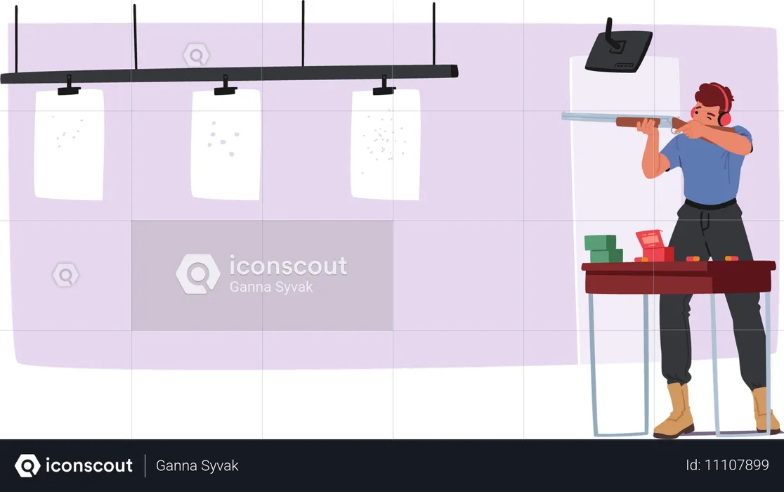 Man Practicing Shooting At Indoor Range  Illustration