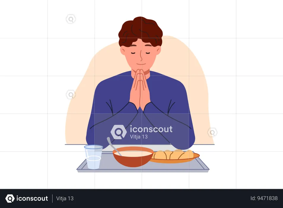 Man prays sitting at table with food observing christian tradition and expressing gratitude to god  Illustration
