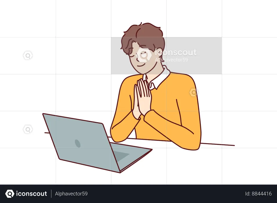 Man prays sitting in front laptop and watching broadcast religious event  Illustration
