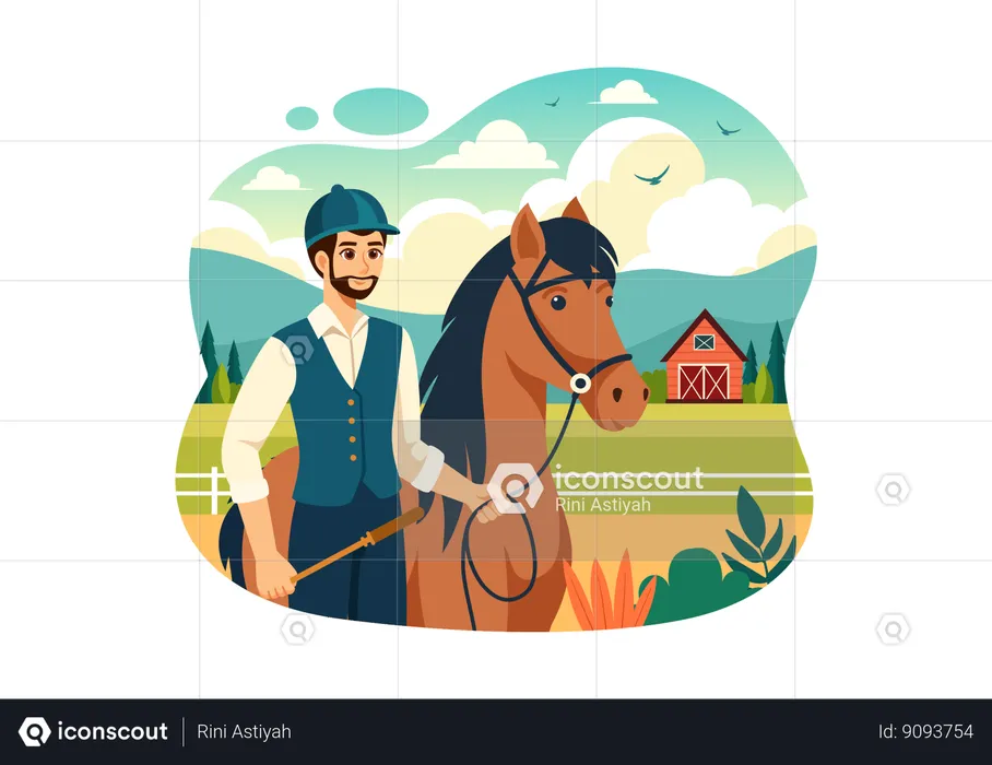 Man prepares his horse for race  Illustration