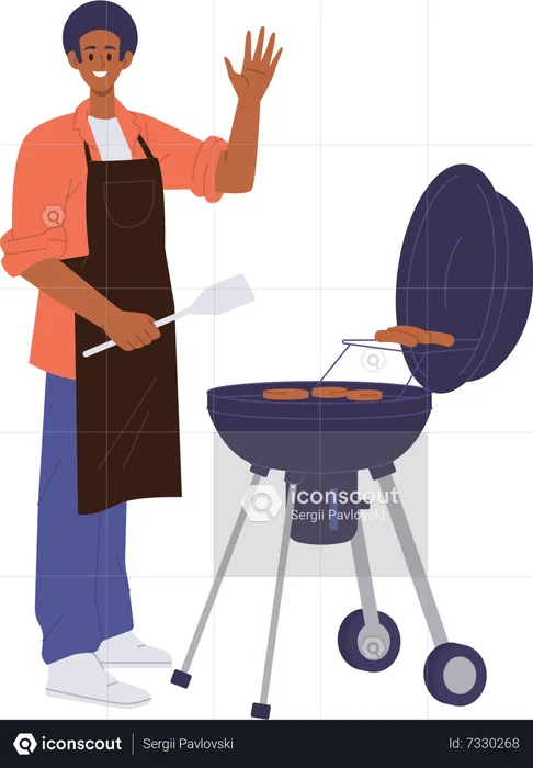 Man preparing barbeque steak meat on grill  Illustration