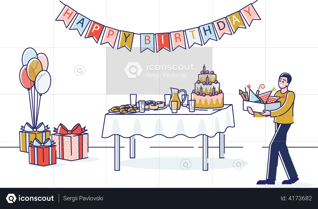 Man preparing for birthday celebration  Illustration