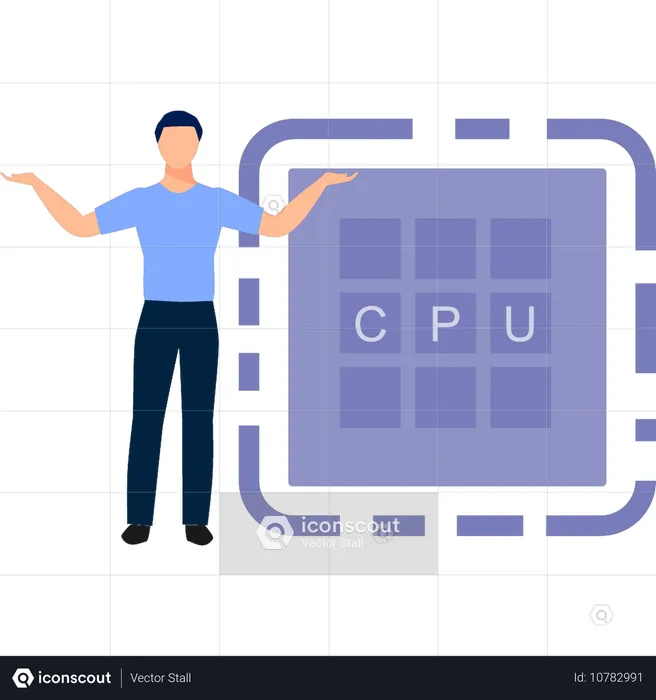 CPU 프로세서 칩을 선보이는 남자  일러스트레이션