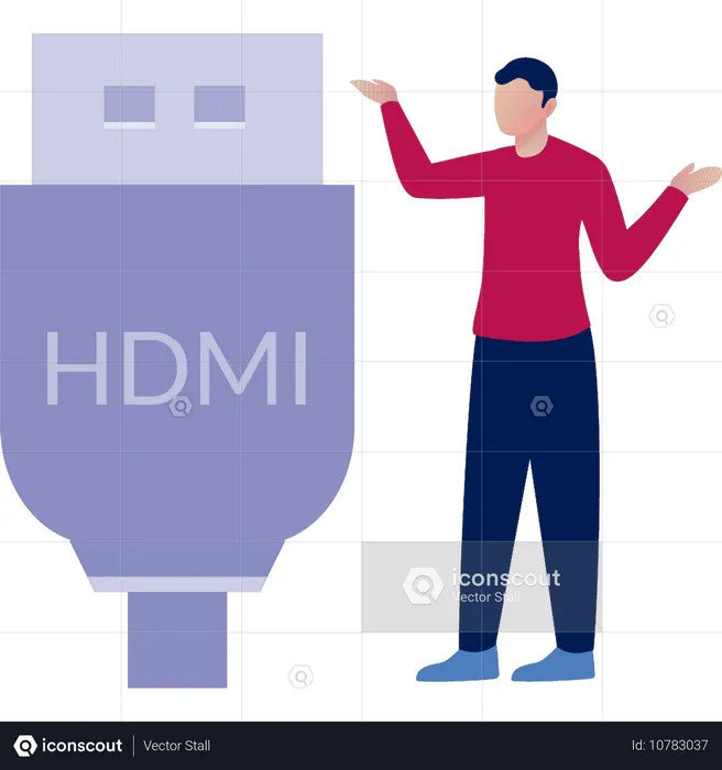 HDMI 데이터 케이블을 제시하는 남자  일러스트레이션