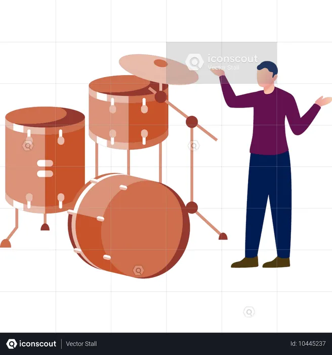 Man presenting drum set  Illustration